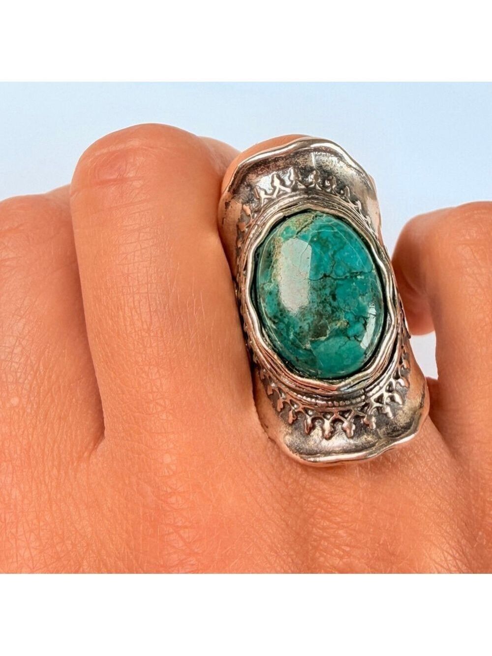 DIDAE 9.5CT Real Eliat Turquoise Sterling Silver Vintage Boho Saddle Israel Ring - Picture 10 of 12